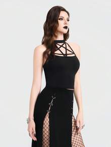 Breakform 女士性感哥特风纯色针织圆领五角星镂空露脐修身背心，适合日常外出穿着 - 黑色 - 查看 1