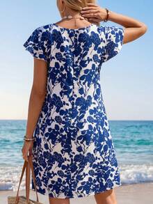 Sylviya 女士白色底蓝色碎花连衣裙，荷叶边下摆，适合春季穿着 - 藍白色 - 查看 2