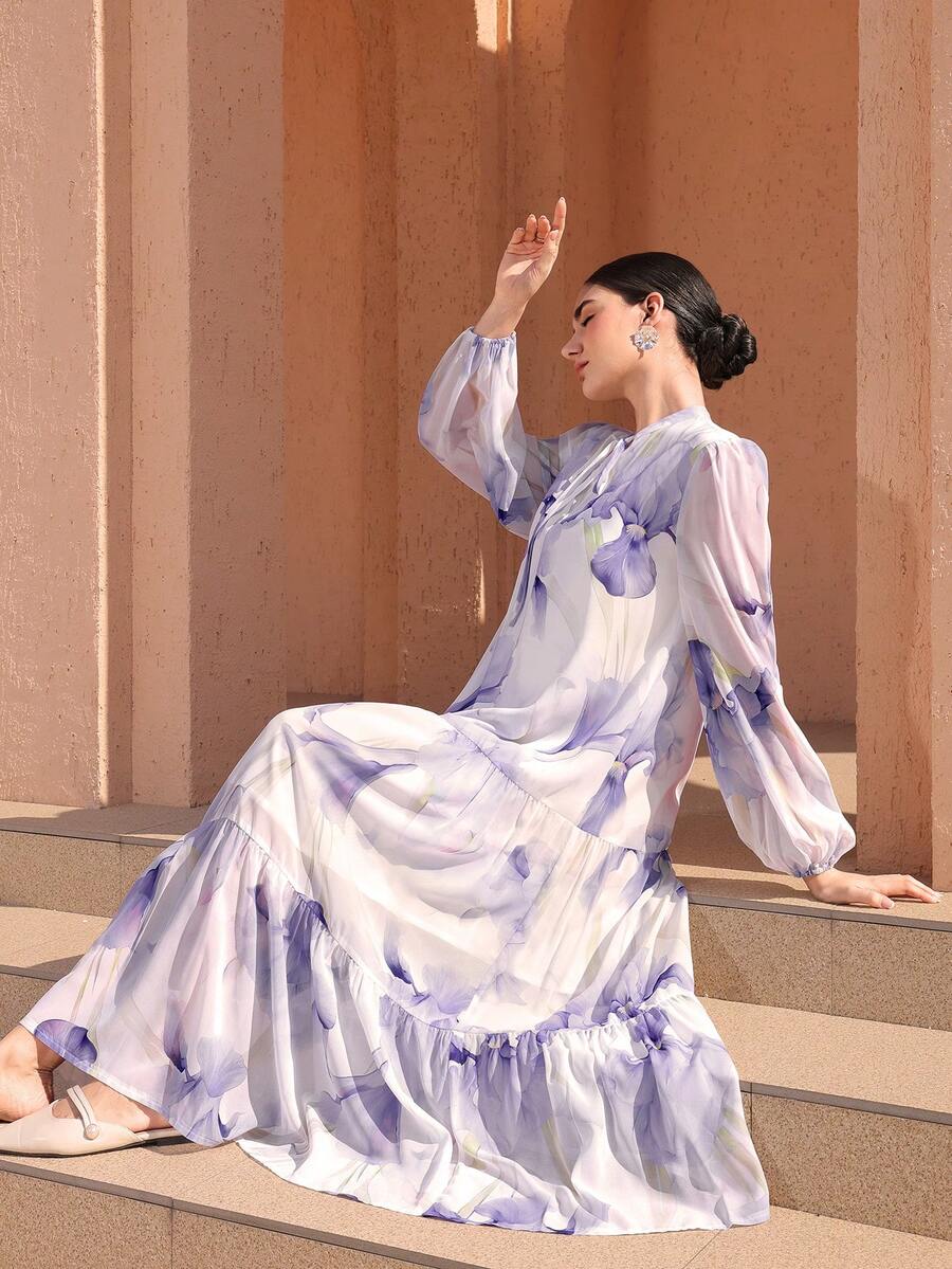 Graceveil Elegant Chiffon Printed Long Dress For Women - Violet Purple - View 1