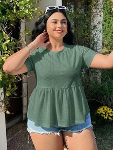 Solflare Kaos Lengan Pendek Ukuran Besar Leher Bulat Berlubang Bordir Warna Hijau Zaitun, Atasan Musim Panas - Olive Green - View 4