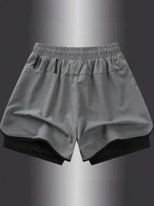 Manfinity Sport Corelite Pantalones cortos deportivos de verano para hombres con cintura con cordón y estampado de letras de color contrastante - Gris - Ver 2