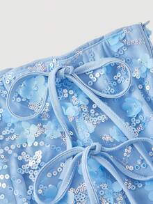 SHEIN MOD 黑色复古提花系带蝴蝶结低腰开衩半身裙——复古宫廷风格，完美适用于浪漫场合、度假、海滩、约会、野餐、派对、舞会、节日和生日等各种场合。 - 藍色 - 查看 3