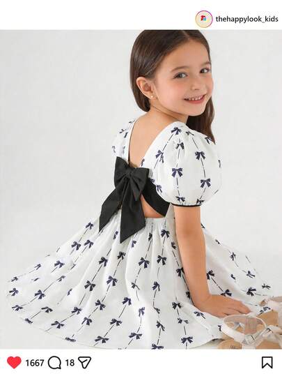 THE HAPPY LOOK Young Girl Bow Decor Contrast Color Square Neck Puff Sleeve Waist Cinched Dress,Toddler Girl's Contrast Bow Dress - Square Neck Puff Sleeve Cinched Waist Party Dress