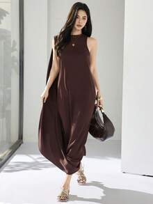 Heiryn New Arrival Korean Design Asymmetrical Draping Sleeveless Elegant Chic Commuting Dress - Brown - View 3
