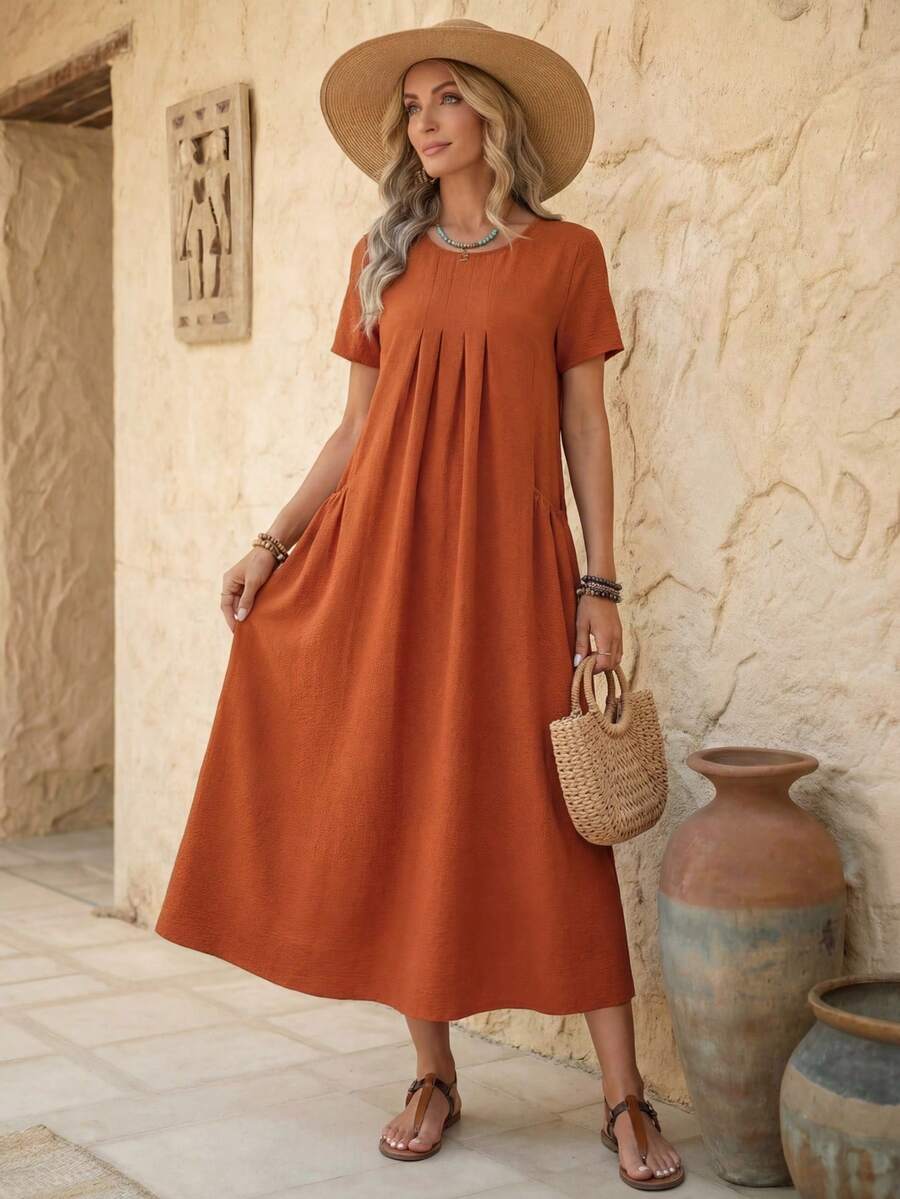 Faunlyn Summer Casual Solid Color Double Pocket Short Sleeve Dress - Rust Brown - View 1