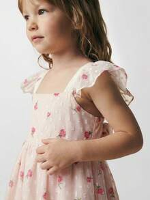 SHEIN Maija Kids 年轻女孩碎花蝴蝶结装饰盖袖连衣裙 - 粉色 - 查看 7