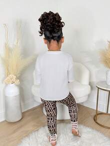 2件套女童可爱小熊印花宽松T恤和针织打底裤休闲套装，时尚日常穿着 - 彩色 - 查看 2