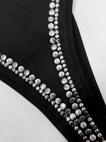 SHEIN PETITE Women's Sexy Black Sleeveless Scoop Neck Bodysuit With Studded Rivet Knot Detail For A Daring Look Autumn/Winter Thanksgiving And New Year, Black Studded Dress Sexy Dress - Black - View 7