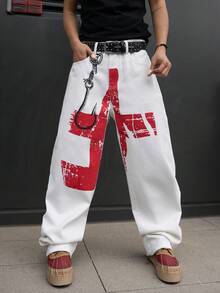 Manfinity ZONE917 男士涂鸦印花宽松直筒牛仔裤 - 白色 - 查看 3