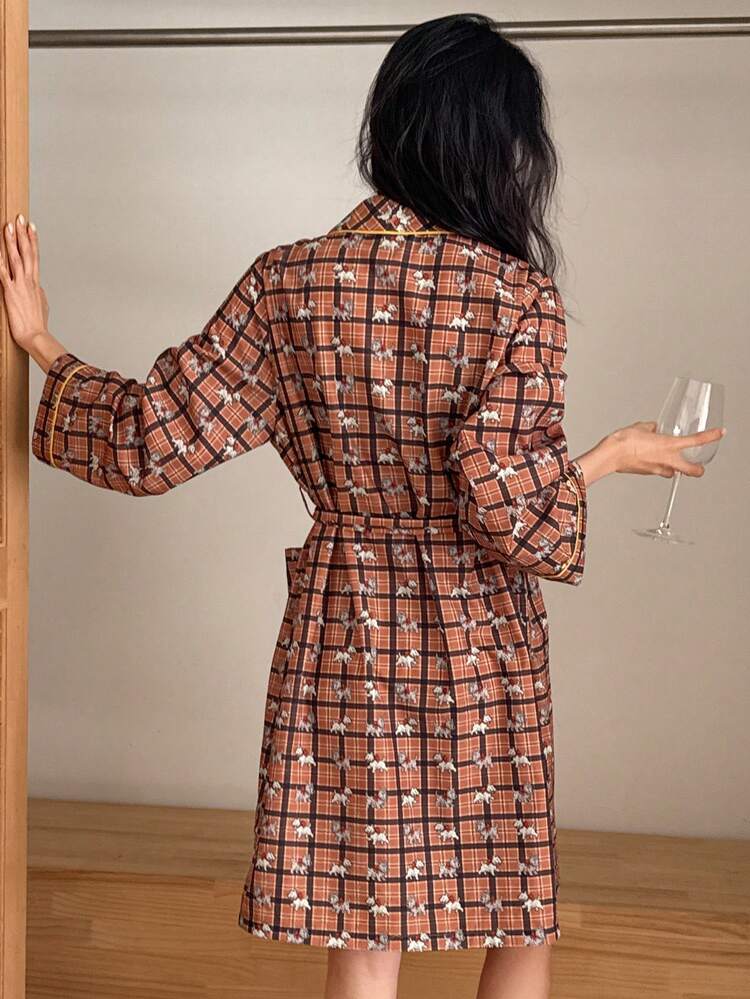 Plaid Happy Dog Print Contrast Trim Shawl Neck Mid-Length Women Robe