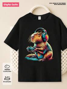 SHEIN GraphicGems Tween Boys' Casual Creative Cute Cartoon Capybara Graphic Print Basic Short Sleeve T-Shirt - Black - View 1