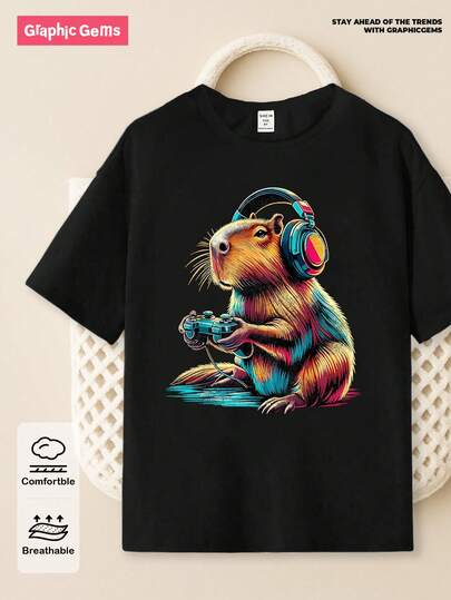 SHEIN GraphicGems Tween Boys' Casual Creative Cute Cartoon Capybara Graphic Print Basic Short Sleeve T-Shirt