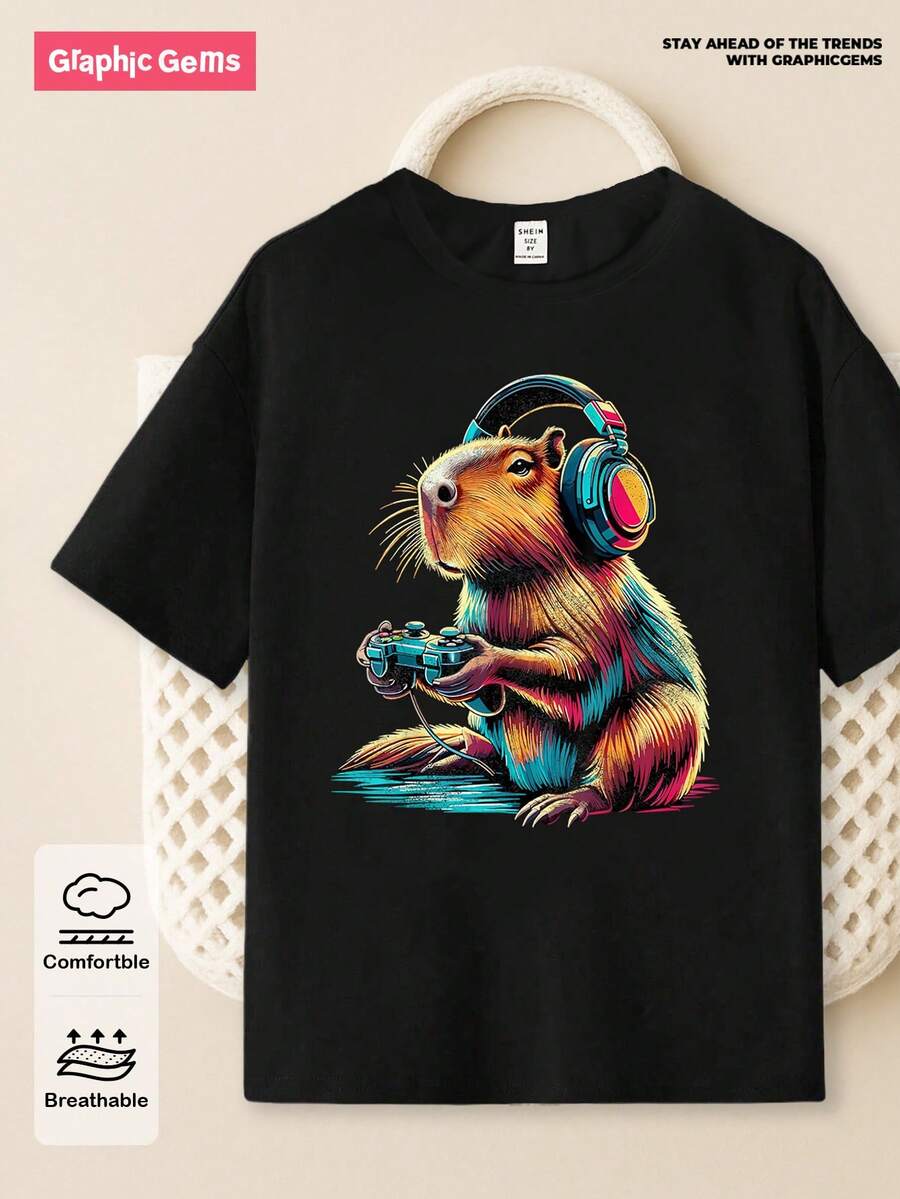 SHEIN GraphicGems Tween Boys' Casual Creative Cute Cartoon Capybara Graphic Print Basic Short Sleeve T-Shirt - Black - View 1