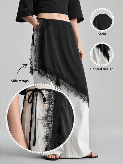 Ontre 女士纯色蕾丝拼接不对称下摆时尚半身裙