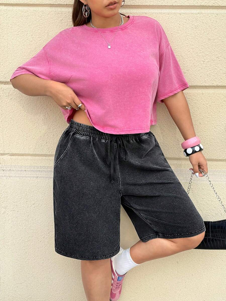 Muchica Plus Size Women's Casual Everyday Commute Fashion Street Drawstring Waist Washed Bermuda Shorts, Summer,Spring Break Outfits,Carnival Women Look 2026,Going Out Outfits, Holiday Outfits,Black - Black - View 1