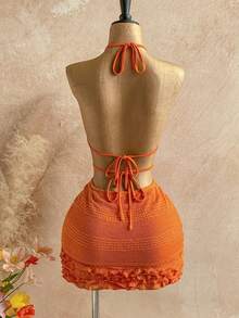 Soleia 女士纯色吊带镂空修身时尚迷你连衣裙，夏季 - 橘色 - 查看 7