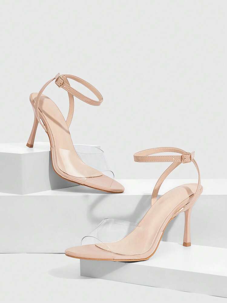 CUCCOO SZL Women Shoes Round Toe Thin High Heel Apricot Transparent Film Ankle Strap Women's High Heel Sandals Simple Fashion Sexy Party High Heel Sandals Sandals Prom Heels