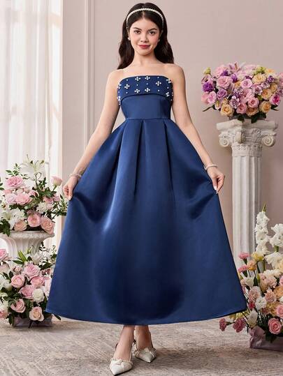 Pitira Elegant Satin Beaded Strapless Ruched Waist Dress, Suitable For Prom, Date, Family Gathering, Formal Occasions, Back To School, Campus Style, Party, Commute, Shopping, Wedding, Birthday Party, Prom And Bridesmaid Events