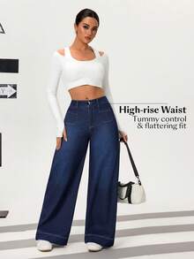 Flexra Women's Casual Daily Commute Versatile Patchwork Pocket Loose Wide-Leg Jeans - Medium Wash - View 4