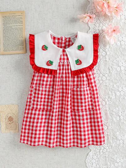 Souflis Baby Girl Summer New Cute Peter Pan Collar Strawberry Embroidery Decor Front Pocket Design Back Open Collar Sweet Casual Princess Dress