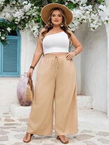 SHEIN CURVE+ Curve Size US22 音樂節波希米亞風傳統寬鬆 2件組紋理壓褶布料直筒長褲 鼠尾草綠 米色 正式居家穿著 秋季 - 彩色 - 查看 12