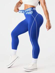 Seamluxe SHEIN Sport Quần legging thể thao cạp chéo in chữ - Xanh đậm - Xem 4