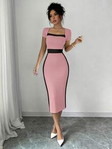 Elenzga Color Block Fitted Square Neck Women's Short Sleeve Dress - Pink - View 3