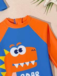 Baby Boys Swimwear, Cute Casual Vacation Blue Dinosaur Knit Fabric One-Piece Swimsuit With Hat, Fashionable Elegant Suitable For Swimming, Summer Vacation, Beach, Pool, Holiday Party - Orange - View 4
