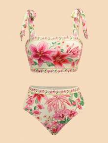 Travachic 女士印花时尚比基尼泳装套装，含配套半裙，适合夏季海滩、海滩、女士海滩装扮、海滩套装、外出、度假、女士度假装扮、假日、夏季、夏季服装、女士夏季装扮、情人节、狂欢节、狂欢节服装、派对、外出、外出装扮、休闲、优雅、Y2K、花朵、白色、红色、粉色 - 彩色 - 查看 3