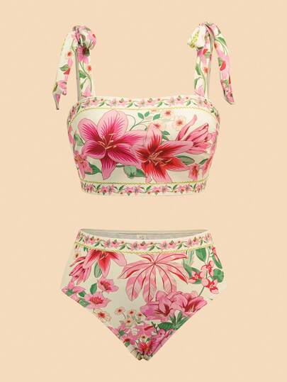 Travachic Women's Floral Print Fashion Bikini Swimsuit Set With Matching Skirt, Summer Beach,Beach,Beach Outfits For Women,Beach Set,Going Out,Vacation,Vacation Outfits Women,Holiday,Summer,Summer Clothes,Summer Outfits For Women,Valentine's Day,Carnival,Carnival Costume,Party ,Going Out,Going Out Outfits,Casual,Elegant,Y2k,Flower,White ,Red ,Pink