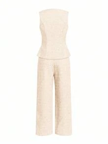 Ellevyn 无袖上衣和裤子 简约通勤优雅亚麻质感两件套 - 棕色 - 查看 2