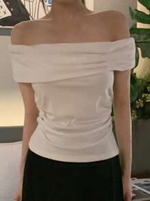 DAZY 女士露肩短袖T恤，翻领修身短款优雅夏季款 - 白色 - 查看 6