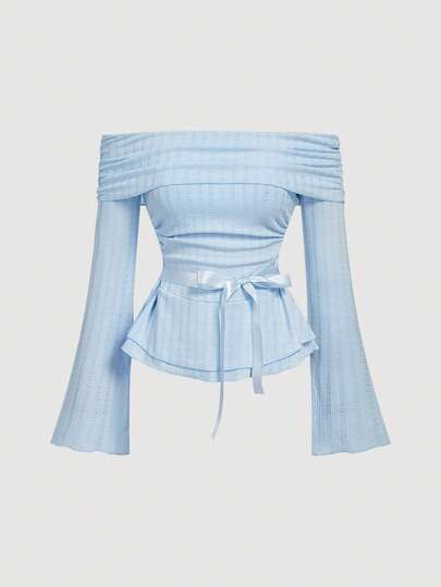 SHEIN MOD 女士优雅纯色露肩喇叭袖T恤