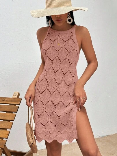 RueChic Women's Solid Color Hollow Out Side Slit Hem Halter Neck Cover Up Dress, Vacation