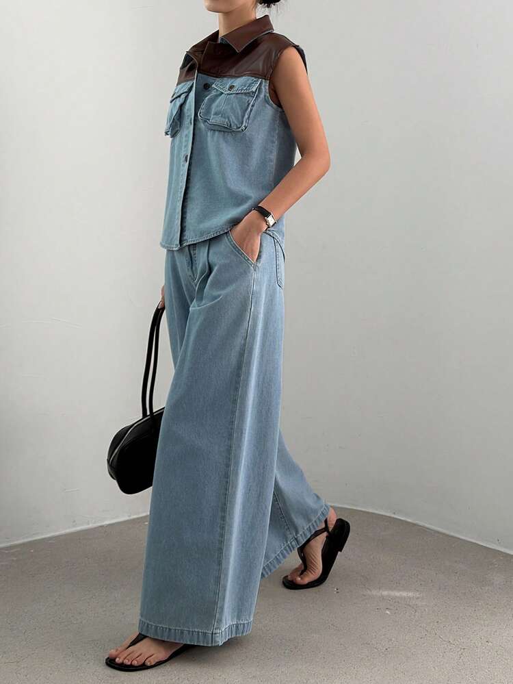 Women's Contrast Color PU Patchwork Lapel Logistics Denim Top And Pleated Loose Wide-Leg Jeans Casual Suit