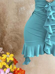 Soleia 女士度假性感露背系带镂空荷叶边贝壳装饰不对称荷叶边下摆迷你连衣裙，适合春夏海滩、邮轮、城市度假 - 水鴨藍 - 查看 5