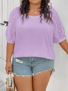 SHEIN CURVE+ 大码女式拼接不同材质上衣，白色T恤 - 紫丁香色 - 查看 6