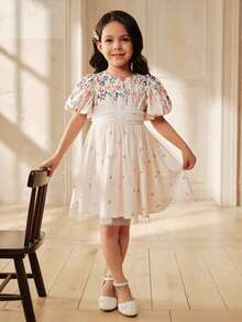 SHEIN 女童碎花泡泡袖网纱连衣裙，适合休闲外出、公园、度假等场合 - 杏色 - 查看 1