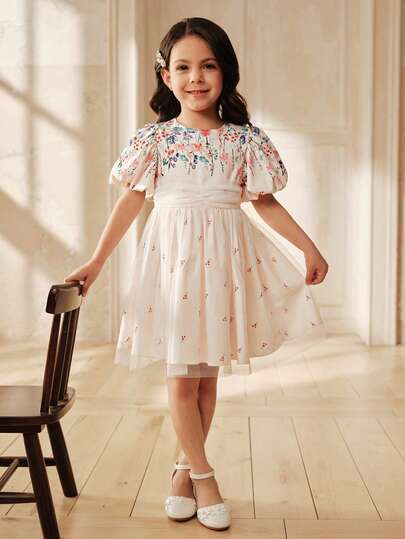 SHEIN 女童碎花泡泡袖网纱连衣裙，适合休闲外出、公园、度假等场合