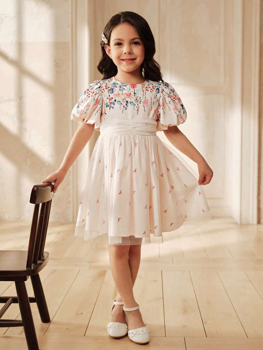 SHEIN 女童碎花泡泡袖网纱连衣裙，适合休闲外出、公园、度假等场合 - 杏色 - 查看 1