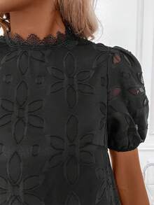 Editum 女士蓬蓬袖碎褶A字裙，帶空洞紋理和透視效果 - 黑色 - 查看 5