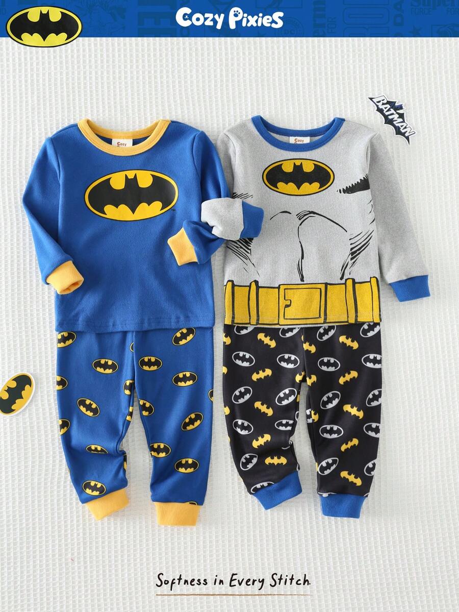 BATMAN X Cozy Pixies 4pcs Young Boy Snug Fit Pajama Set, Cartoon Superhero Pattern Soft Knit Crew Neck Long Sleeve Top And Elastic Waist Long Pants - Grey - View 1