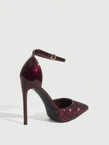 CUCCOO SZL 女士尖头细高跟酒红色亮片踝带镂空鞋，时尚性感，适合晚宴、夜店等场合，女士高跟鞋 - 格麗特酒紅 - 查看 8