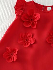 SHEIN Baby Girl Elegant Red Floral 3D Decor Ruffle Hem Loose Sleeveless Dress, Wedding Ceremony - Red - View 8