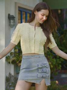 WESTFADE Pale Yellow Autumn Elegant Everyday Crewneck Mixed Cable Knit Short Sleeve Ruffle Cropped Cardigan,Boho Resort Summer Vacation Beach Festival Women's - White - View 4