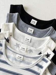 SHEIN Playful Pals 5件套休闲白色针织无袖背心，适合叠穿，适合外出、休闲穿着、旅行，适合6个月至3岁的男婴。 - 彩色 - 查看 5