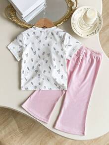 SHEIN Playful Pals 两件套女婴夏季新款时尚休闲上衣，蝴蝶结装饰，搭配黑色喇叭裤，修身显高。 - 粉色 - 查看 2