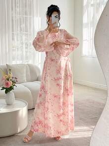 Al Najma 优雅圆领串珠侧系腰带喇叭袖长袍，春夏款 - 彩色 - 查看 6