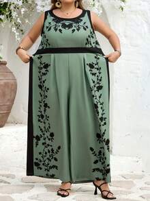 SHEIN CURVE+ Curve 加大码 US22 音乐节、海滨度假、波西米亚风 CURVE PLUS / 女士优雅露背连体裤，宽松撞色印花度假连体裤 - 綠色 - 查看 4