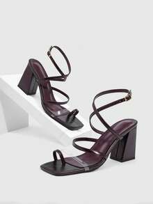 CUCCOO SZL Wine Red PU Toe-Ring Buckle Strap Fashionable Square Toe Chunky Heel Sandals For Commuting - Burgundy - View 1